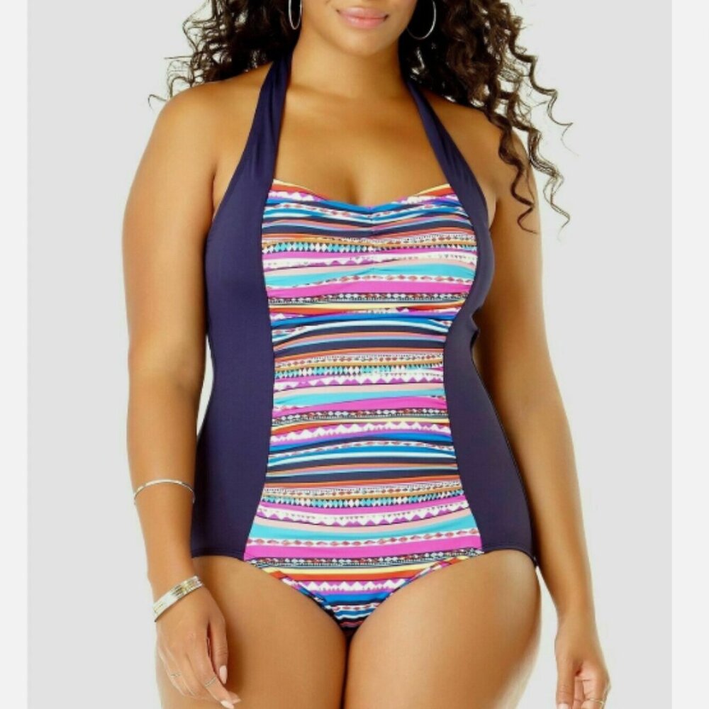 Anne Cole One Piece Maillot Swimsuit Halter Multi Striped Plus Size 18W NWOT